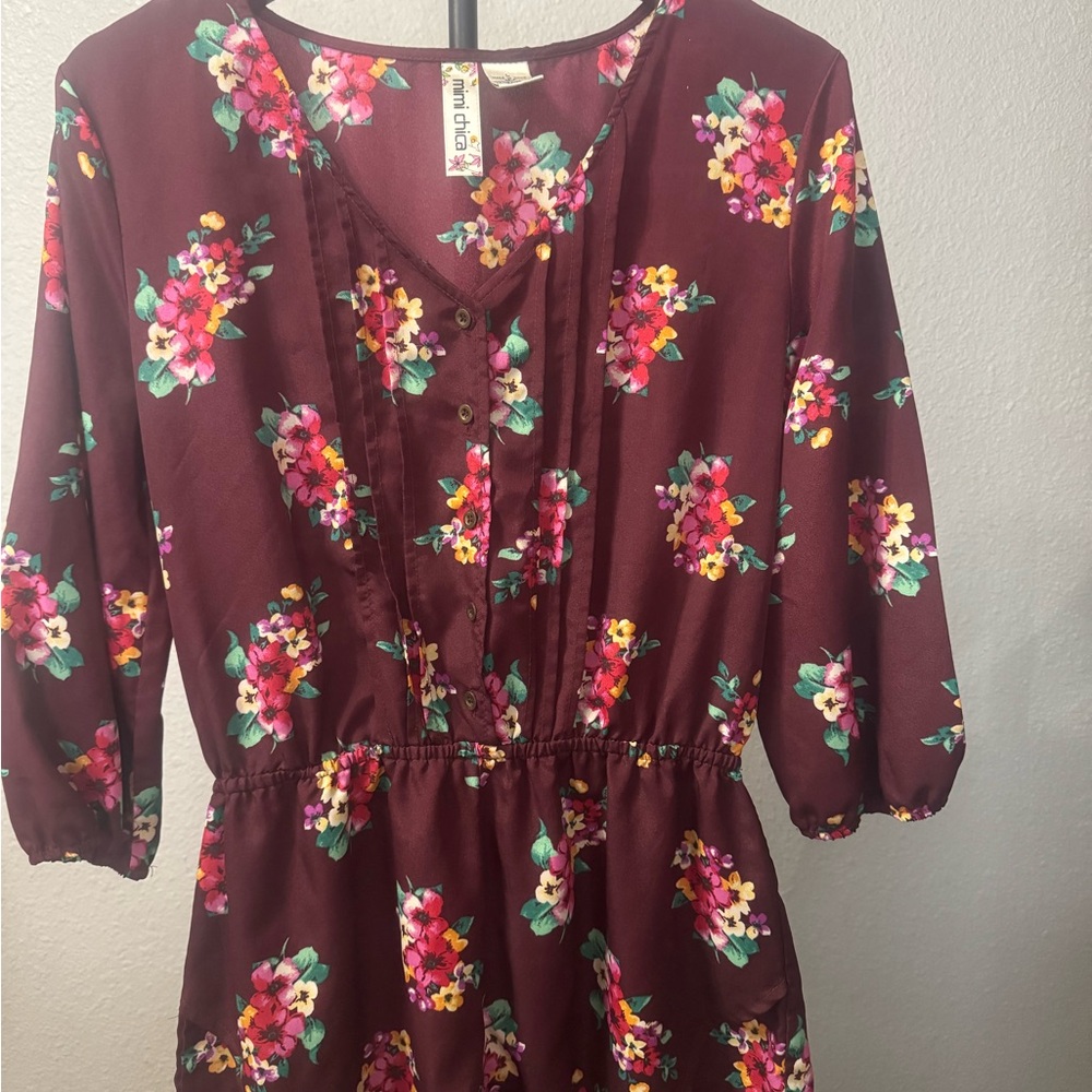 Mimi Chica Burgundy Floral V-Neck